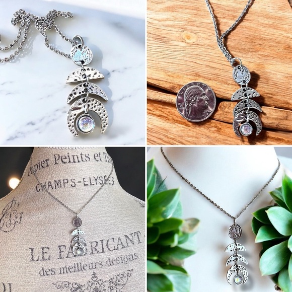Silver toned Crescent Moon Phases Pendant Necklace Choker 15.5” - Picture 17 of 17